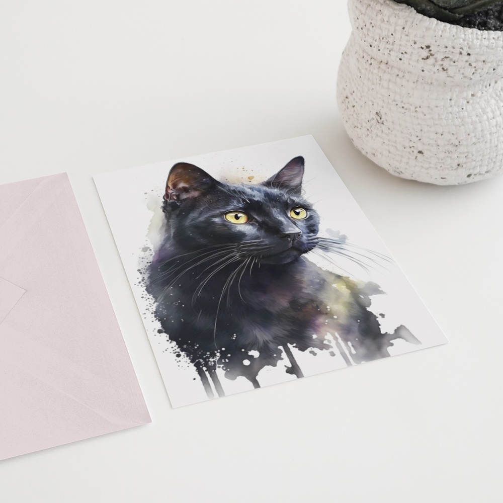 Black Cat Watercolor Wall Art Illustration Print Poster Card Unframed - Picture 6 of 6